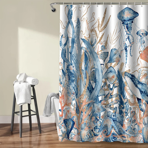 Nautical Coastal Shower Curtain with 12 Hooks, Ocean Themed Coral Whale Jellyfish Octopus Seahorse Fish Shower Curtain Beach Sea World Marine Life Shower Curtain for Bathroom Bathtub Home Decor 72x72"