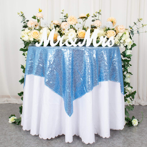 AMZLOKAE Sequin Tablecloth Square 50x50 Baby Blue Table Overlay Glitter Table Cloths for Parties Seamless Tablecloth Light Blue Sparkle Table Cover for Dining Room Kitchen Table Linen