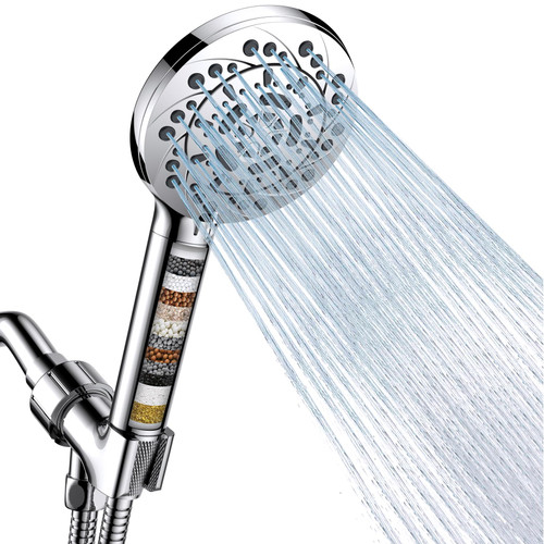 Filtered Shower Head with Handheld, High Pressure 5 Spray Modes Showerhead with Hose, Bracket and 15 Stages Water Softener Filters Beads for Hard Water Remove Chlorine and Harmful Substance