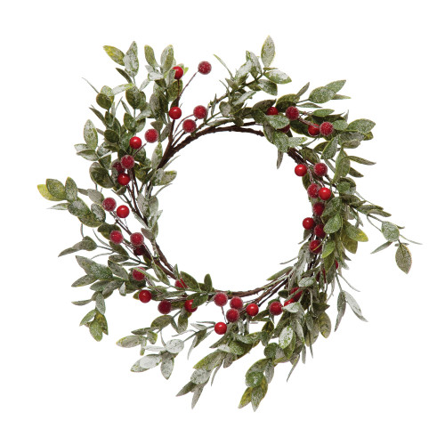 Creative Co-Op Faux Leaves & Red Berry, Frost Finish Wreath, Green