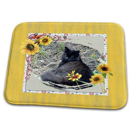 3dRose Black Turkish Angora Cat in Sunflower Frame, Yellow - Dish Drying Mats (ddm-357842-1)