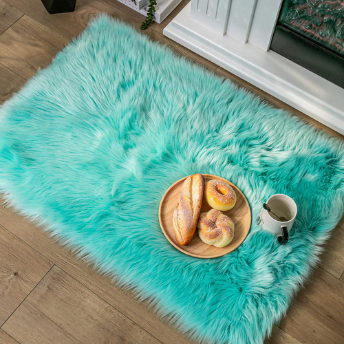 Ashler Faux Fur Rug, Fluffy Shaggy Area Rug Ultra Soft 4 x 4 Feet Square Fur Rug Turquoise Fuzzy Rug Machine Washable Shag Rug, Nursery Decor Throw Rugs for Bedroom, Kids Room, Living Room
