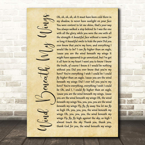 Wind Beneath My Wings Rustic Script Song Lyric Quote Wall Art Gift Print