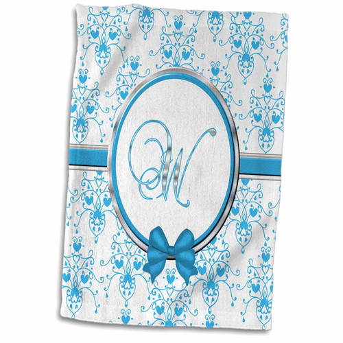 3D Rose Elegant Blue and Silver Heart Damask Monogram Letter W Towel, 15" x 22"