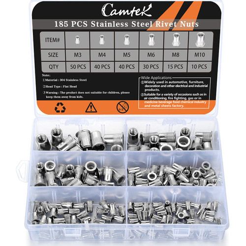 185PCS Stainless Steel Rivet Nut Set, Camtek 304 Stainless Steel Rivet Nut Flat Head Threaded Rivet nut Insert Nutsert Assortment Kit - 6 Sizes (M3, M4, M5, M6, M8, M10)