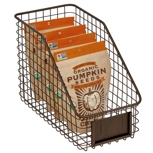 mDesign Slim Slanted Metal Kitchen Food Storage Organizer Bin Basket, Label Slot for Cabinet, Countertop, Pantry, Holder Container for Produce, Fruit, Vegetable, Omaha Collection - Bronze