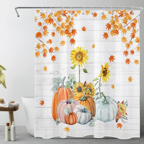 LB Farmhouse Sunflower Fall Shower Curtain for Bathroom, Autumn Thanksgiving Harvest Pumpkin Yellow Floral Maple Leaves On Rustic Wooden Fabric Bathroom Decor Set with Shower Curtain Hooks, 60x72 Inch LB Farmhouse Sunflower Fall Shower Curtain for Bathroom, Autumn Thanksgiving Harvest Pumpkin Yellow Floral Maple Leaves On Rustic Wooden Fabric Bathroom Decor Set with Shower Curtain Hooks, 60x72 Inch