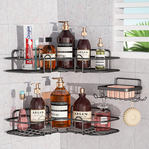 Yilingchild Corner Shower Caddy, 3 Pack Adhesive Shower Organizer with Soap Holder, Shower Shelf for Inside Shower, No Drilling Rustproof Bathroom Shower Storage Basket with 4 Hooks, Black