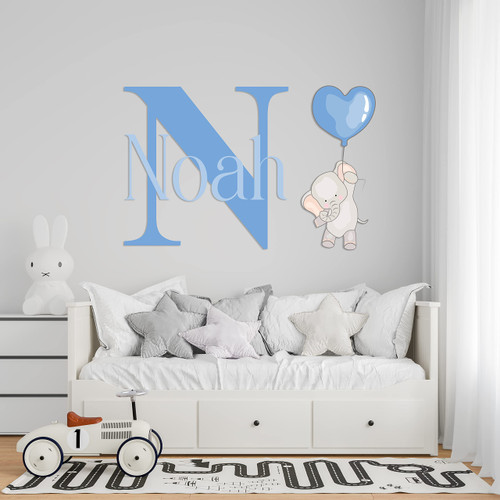 Multiple Font Cute Elephant Wall Stickers - Name & Initial - Prime Series - Baby Girl or Boy - Custom Name & Initial - Nursery Wall Decal for Baby Room Decorations - Mural Wall Decal Sticker