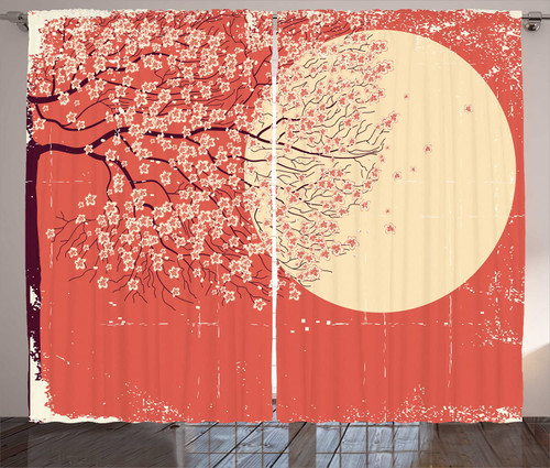 Ambesonne Spring Curtains, Cherry Blossom Sakura Tree Branches on Moon Japanese Style Illustration, Living Room Bedroom Window Drapes 2 Panel Set, 108" X 90", Yellow Coral
