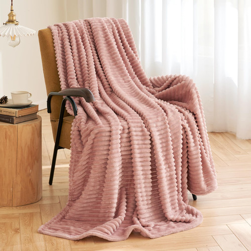 MIULEE Fleece Throw Blanket for Couch 300GSM Super Soft Lightweight Plush 3D Striped Jacquard Blanket, Pink Warm Cozy Breathable Ribbed Blanket for Bed/Sofa, Twin Size 60"x80"