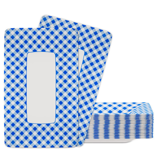 DYLIVeS Blue and White Checkered Paper Food Trays, Rectangular Buffalo Plaid Disposable Dessert Fruit Plates Gingham Appetizers Snack Hotdog Platters for Birthday Party, Picnic, 50 Pcs, 9.1" x 5.7"
