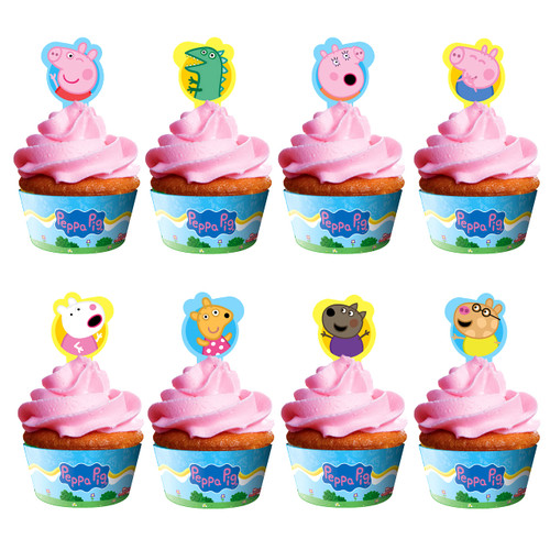 Treasures Gifted Peppa Pig Cupcake Toppers and Wrappers 24ct - Peppa Pig Cupcake Wrappers and Toppers - Peppa Pig Dessert Toppers & Cupcake Kit - Peppa Pig Birthday Party Supplies