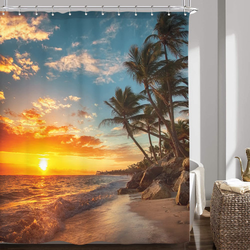 Riyidecor Coastal Beach Shower Curtain Tropical Palm Tree Hawaii Sunset Sunrise Sea Ocean Wave 60Wx72H Inch Seaside Nature Landscape Fabric Decor Bathroom Polyester Waterproof 12 Pack Hooks