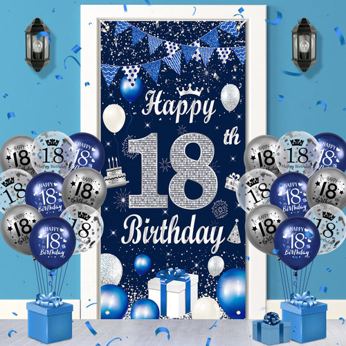 18th Birthday Decorations for Boys Navy Blue Silver Happy 18th Birthday Door Banner Cover and 18Pcs Blue Silver 18th Birthday Balloons for Boys Girls 18th Birthday Party Decorations