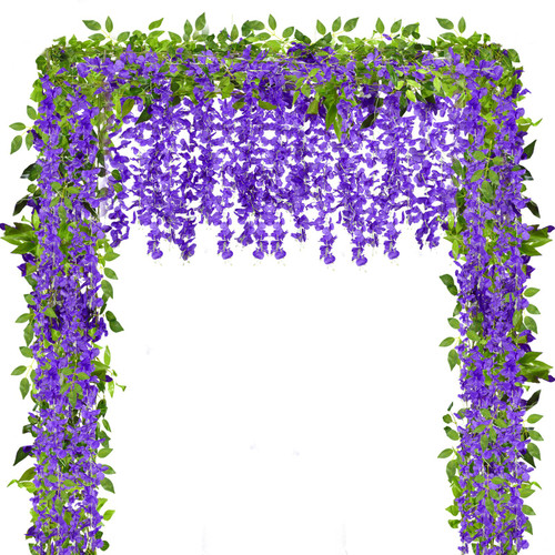 6 Pcs 35 ft Artificial Flowers Wisteria Garland Fake 60 Branches Silk Artificial Wisteria Vine Hanging Flower Greenery Garland for Home Garden Outdoor Ceremony Wedding Arch Floral Decor (Purple)