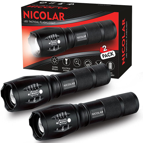 Nicolar LED Tactical Flashlight [2 Pack] - High Lumen, Zoomable, 5 Modes, Water Resistant Flashlight,Camping Accessories, Emergency Gear,Powerful Handheld Flashlight for Hiking Outdoor