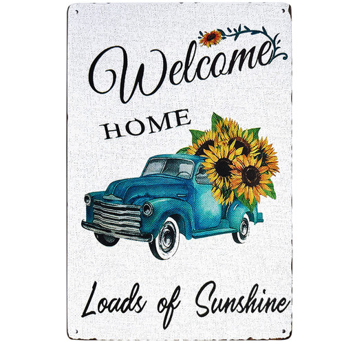TISOSO Welcome Home Sunflower Blue Truck Vintage Tin Bar Sign Farmhouse Kitchen Wall Country Home Decor for Living Room Bedroom Decoration 8X12Inch
