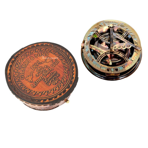 METLUMBER Sundial Compass Gilbert & Sons London Solid Brass Sundial Compass Navigational Copper Sundial Compass with Leather Case Sundial Clock for Gift, Home Decor, Anniversary (Antique)