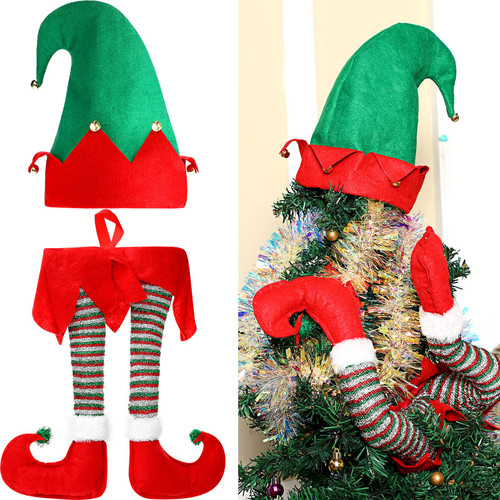 Christmas Tree Leg Plush Elf Legs Red Green Elf Legs Hanging Decor and Elf Hat Fabric Elf Hat Costume with Bells Elf Hats Ornaments for Christmas Tree Topper Party Wreaths Home Decor (Red Shoes)