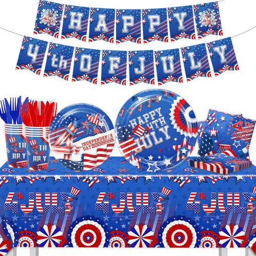 4th of July Party Supplies-142Pcs Patriotic Tableware Disposable Red White and Blue Independence Day Plates and Napkins Set Serve 20,American Flag Fourth of July Decorations