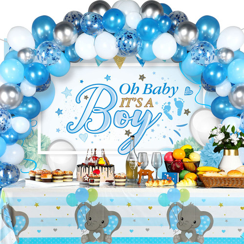 91PCS Baby Shower Decorations for Boy Blue Elephant Baby Shower Decor with It's A Boy Backdrop, Balloon Garland and Elephant Tablecloth for Birthday Baby Shower Gender Reveal Party Supplies (Blue Boy)