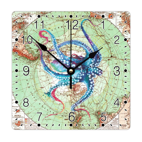 godblessign Octopus Wall Clock Beach Square Clocks Sea Turtle Wisdom 12 Inch Wall Clocks Battery Operated Non-Ticking Vintage Cabin Wall Home Decor Living Room Bedroom Office Decor