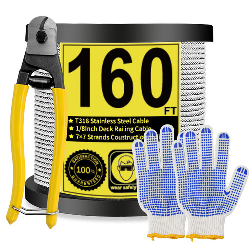 1/8 Wire Rope, Wire Rope, T316 Stainless Steel Cable, Aircraft Cable 160ft, Steel Wire, for Outdoor String Lights, Clothesline Wires, Trellis Wire, 7x7 Strands