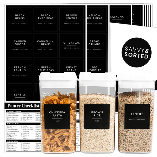 SAVVY & SORTED Black Pantry Labels for Food Containers - 180 Food Labels for Organizing Food Storage Labels for Jars Kitchen Labels for Storage Bins - Jar Labels Stickers Pantry Labels for Containers