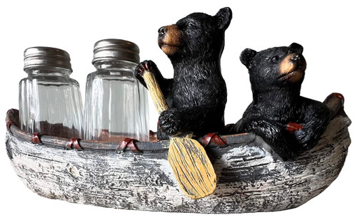 Black Bear & Cub Canoeing Salt & Pepper Set - Rustic Cabin Canoe Lodge Decor