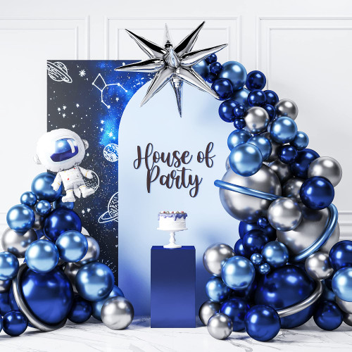 HOUSE OF PARTY Astronaut Space Balloon Garland Kit -123 Pcs Pearl Midnight,Chrome Blue,Silver Space Balloons,Galaxy Balloon Garland Kit & 36" Astronaut Foil Balloon | Outer Space Birthday Decorations