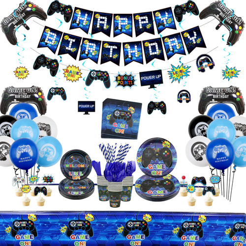 Video Game Party Supplies, Gaming Themed Birthday Party Decor for Boys and Gamer - Including Plates, Cups, Napkins, Tableware, Tablecloth, Cake Toppers, Hanging Swirls, Banners and Balloons Serves 20 Video Game Party Supplies, Gaming Themed Birthday Party Decor for Boys and Gamer - Including Plates, Cups, Napkins, Tableware, Tablecloth, Cake Toppers, Hanging Swirls, Banners and Balloons Serves 20