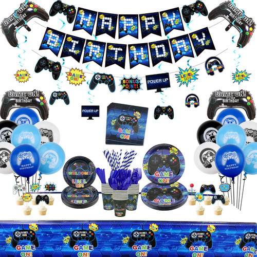 Video Game Party Supplies, Gaming Themed Birthday Party Decor for Boys and Gamer - Including Plates, Cups, Napkins, Tableware, Tablecloth, Cake Toppers, Hanging Swirls, Banners and Balloons Serves 20