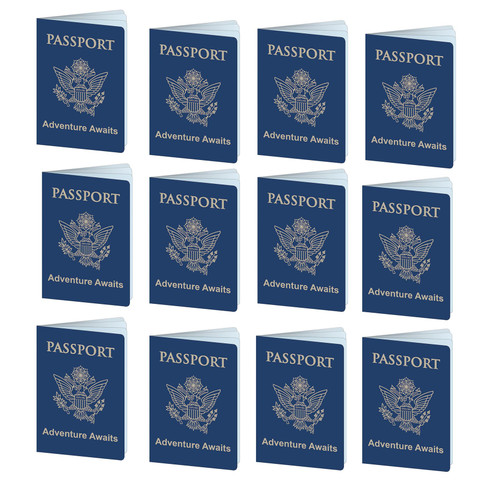 Beistle 12 Piece Fake Passports for Around The World Travel Theme Party Supplies and Favors, Made in USA Since 1900, 5" x 3.5", Blue/Gold/White