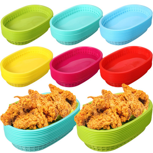 60 Pieces Fast Food Basket Oval Colorful Plastic Storage Basket Bins Reusable Chip Basket Fry Hot Dog Burger Tray for Restaurant Picnic Party Sandwiches, Bread, Deli Serving, 10.5 x 7 Inch