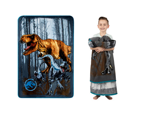 Jurassic World Dominion Blue Velociraptor and Rexy T-Rex Super Soft Plush Micro Raschel Blanket, 62 Inches x 90 Inches, Bedding by Franco Kids