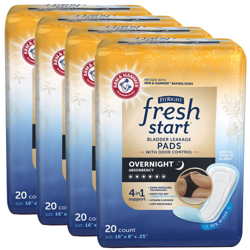 FitRight Fresh Start Urinary and Postpartum Incontinence Pads for Women, Overnight Absorbency, with The Odor-Control Power of ARM & Hammer Baking Soda (80 Count, 4 Packs of 20)