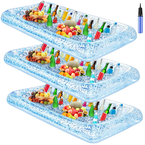 Leitee 3 Pcs Inflatable Serving Bar/Ice Buffet Serving Tray Drink Cooler with Drain Plug Inflatable Cooler for Parties Food Drink Holder Cooler Containers with a Hand Pump (Glitter Blue)