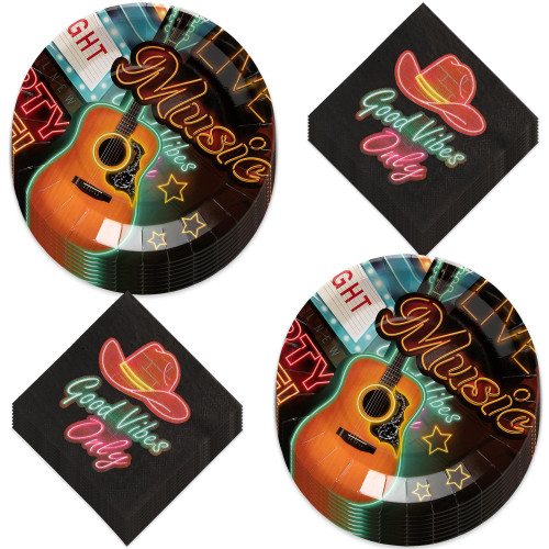 HOME & HOOPLA Music City Guitar & Neon Lights Paper Dinner Plates Western Cowboy Hat Good Vibes Lunch Napkins (Serves 16)