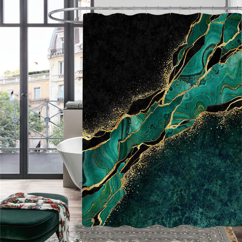 Gibelle Green Shower Curtain, Abstract Black Marble Gold Veins Fabric Shower Curtain for Bathroom, Emerald Green Decor Modern Luxury Art Waterproof Shower Curtain Set with Hooks, 72 x 72