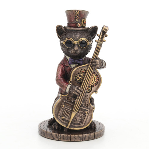 Veronese Design 5 1/4 Inch Tall Steampunk Cat Funky Fresh Jazz Bass Musician Resin Animal Figurine Bronze Finish