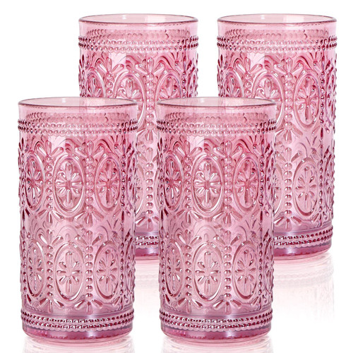 abrwyy Pink Glassware Drinking, Highball Beverage Glass Cup, Pink Glass Cups, Vintage Drinking Glasses, Colored Glassware Set for Party Wedding Home Office Gift, Set of 4