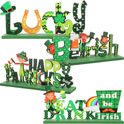 4 Pieces St. Patrick's Day Wooden Centerpiece Sign Shamrock Table Decorations Centerpiece Irish Wooden Table Top St. Patrick's Day Wood Lucky Table Toppers for Home Party Holiday Decor