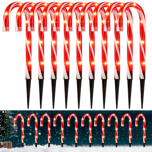 Christmas Candy Cane Pathway Markers Lights, Candy Canes Lights Outdoor, 10 inch Set of 10 Pack Christmas Candy Cane Lights Decorations Yard Candy Cane Pathway Lights, Lighted Candy Cane Decor Garden