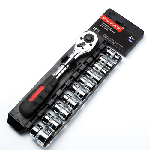 MAXPOWER 11-Piece 3/8" Ratcheting Socket Wrench Set Quick Release Reversible Ratchet Handle and Swappable Spanners Sockets with Hanging Rack