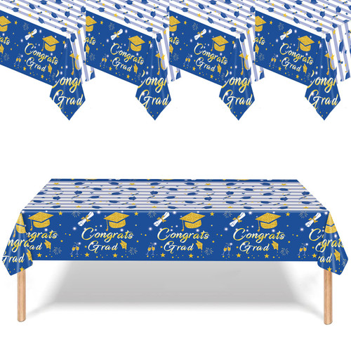 BEFANTST 4 Pack Graduation Tablecloth, 54"x108" Congrats Grad Graduation Party Blue Plastic Tablecover Decorations for Class of 2023