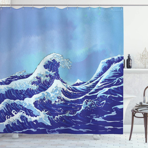 Ambesonne Kanagawa Shower Curtain, Big Tsunami in The Ocean Blue Sky Japanese Nature Sea Waves Art, Cloth Fabric Bathroom Decor Set with Hooks, 69" W x 75" L, Pale Blue Royal Blue