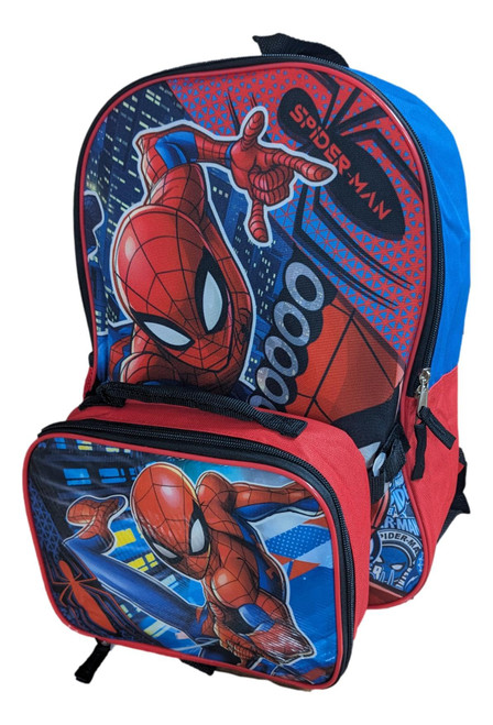 Ruz Spiderman Boys 16 Inch Backpack With Removable Matching Lunch Box Set (Red-Blue)