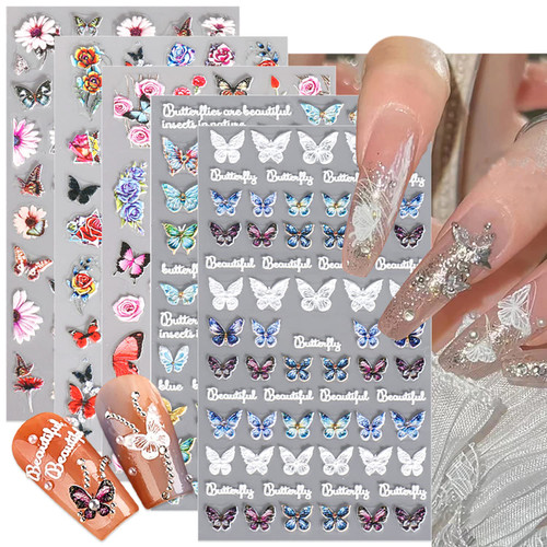 JERCLITY 5 Sheets Flower Nail Art Stickers Butterfly Nail Stickers Self Adhesive 5D Embossed Nail Decals Spring Flower Nail Art Design Butterfly Nail Art Decals for Women Girls Nail Decorations