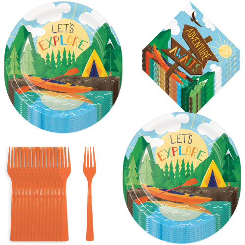 HOME & HOOPLA Outdoor Adventure & Explorer Stay Wild Camping Paper Dessert Plates, Beverage Napkins, and Forks (Serves 16)